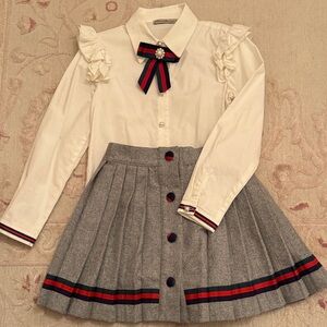 White Blouse and Gray Pleated Skirt Set